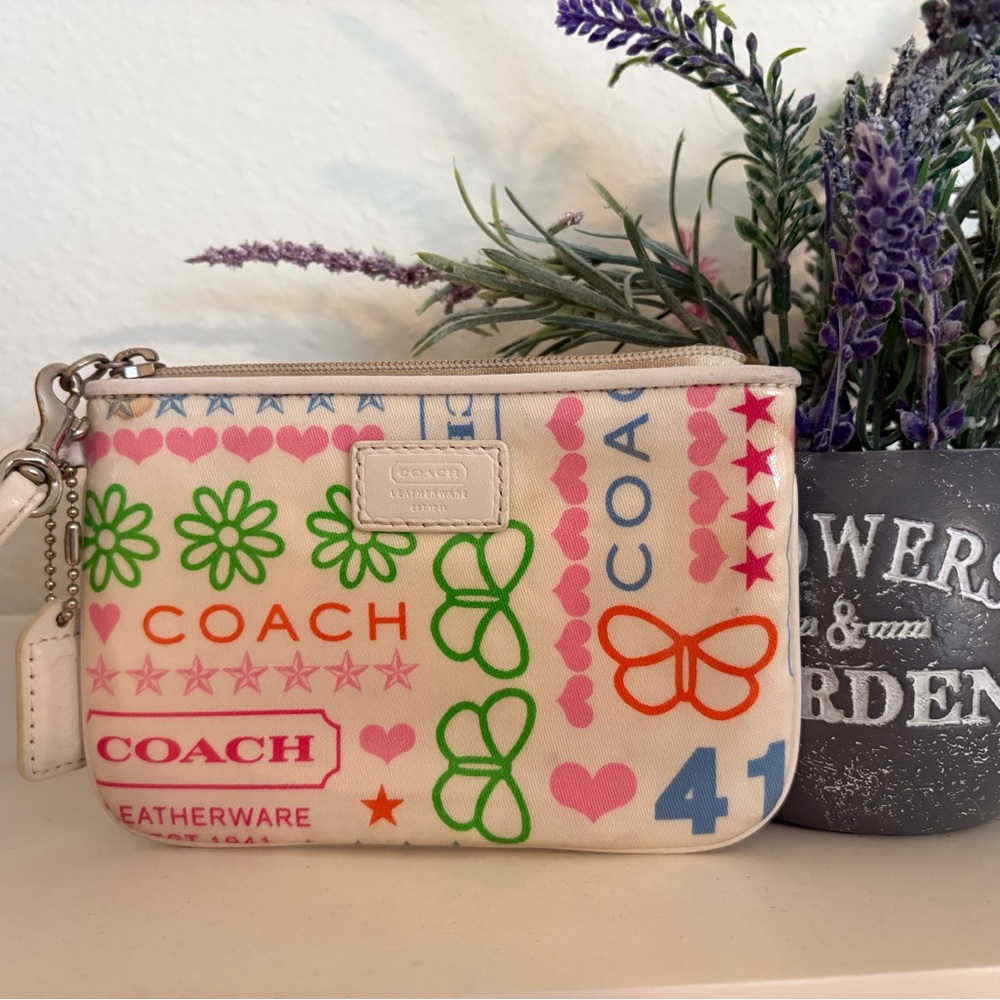 Coach Floral Print Wristlet with Pink and Green Accents
